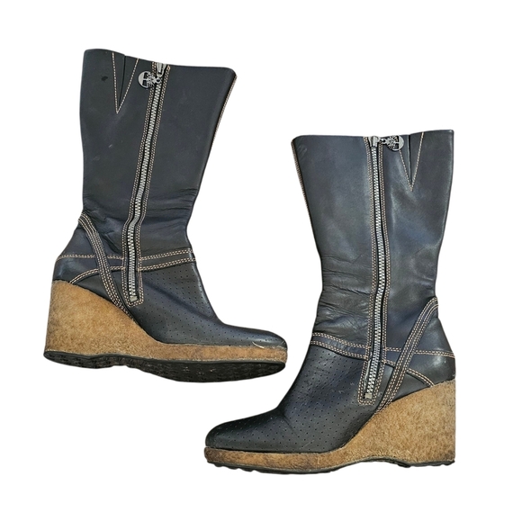 Vintage Y2k Timberland Black Leather Streetwear Wedge Boots Size 7.5 - Picture 2 of 7